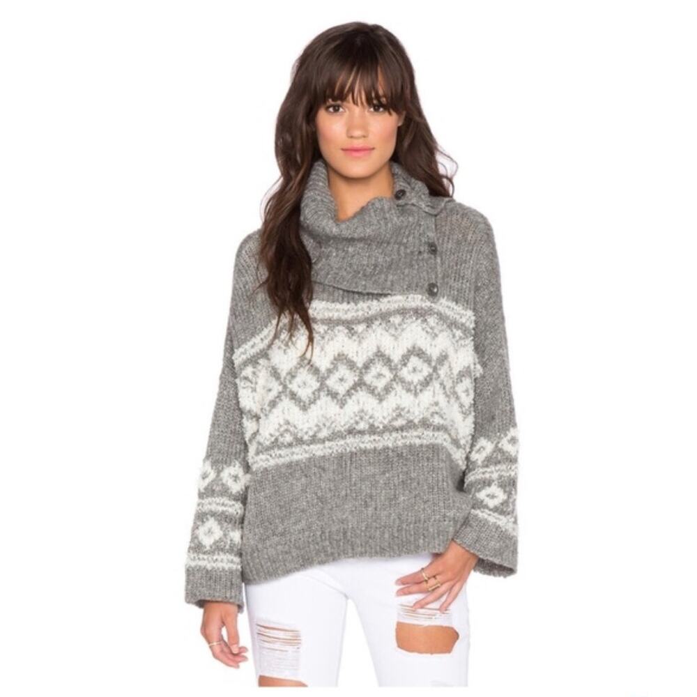 Free People Fair Isle Wool Blend Sweater Gray Chunky Knit Oversized Boho S Beach